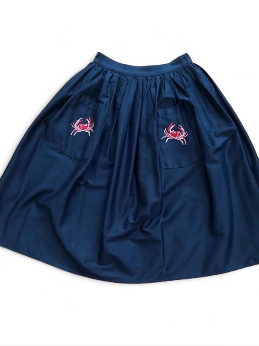 1950’s Reproduction Collectif Clothing Navy Cotton Skirt Pockets Crab Embroidery